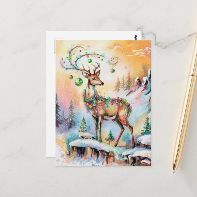 Adorable Christmas Deer Postcard (Front/Back In Situ)
