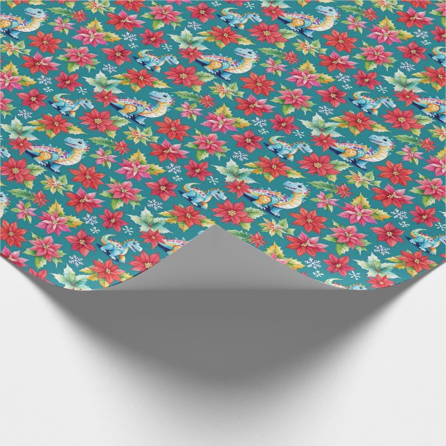 Adorable Christmas Dinosaurs & Poinsettias Wrapping Paper (Corner)