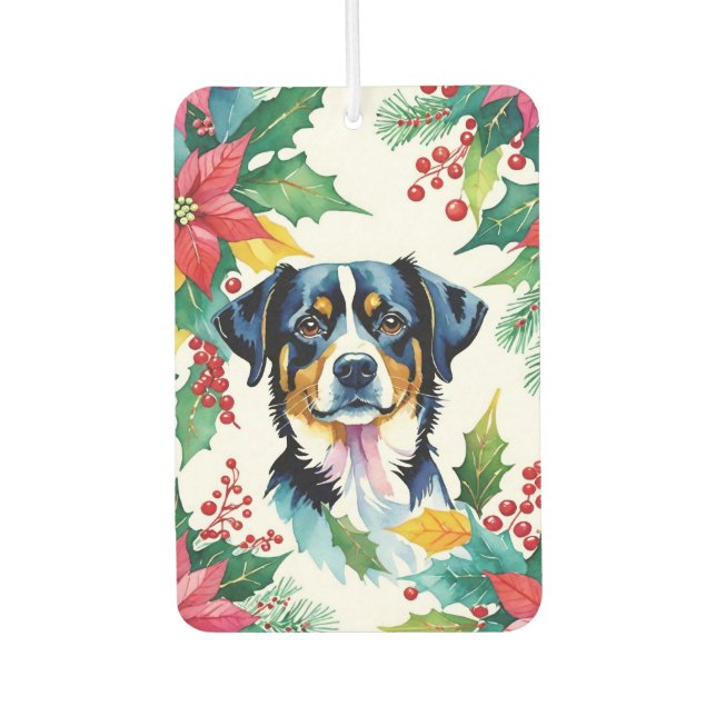 Adorable Christmas Dog And Cat With Poinsettias Car Air Freshener (Front)