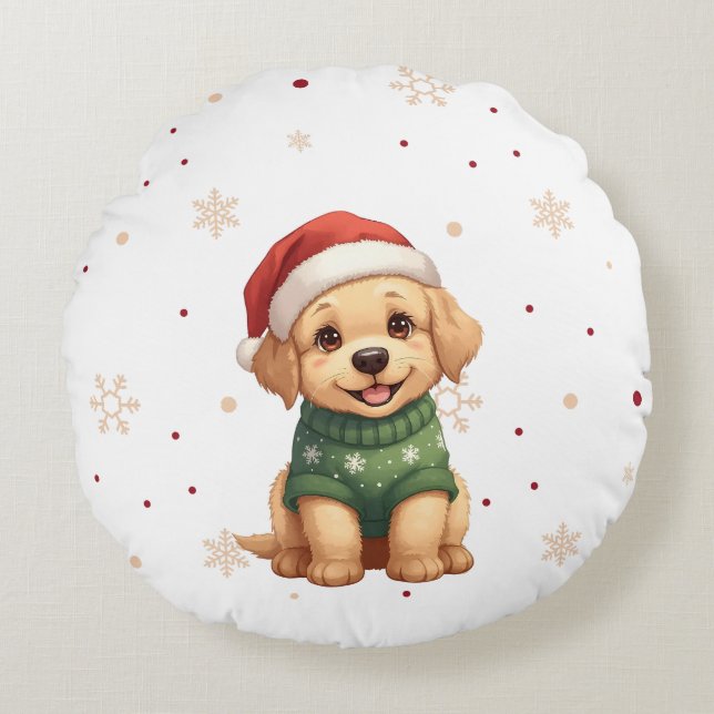 Adorable Christmas Dog - Festive Puppy Christmas Round Cushion (Front)