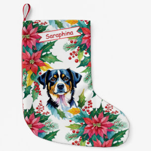 Adorable Christmas Dog With Poinsettias Small Christmas Stocking