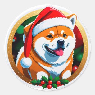 Adorable Christmas Dog With Santa Hat Classic Round Sticker