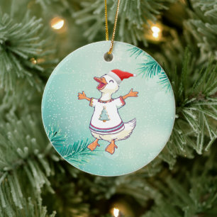 Adorable Christmas Duck in Festive Sweater Ceramic Tree Decoration