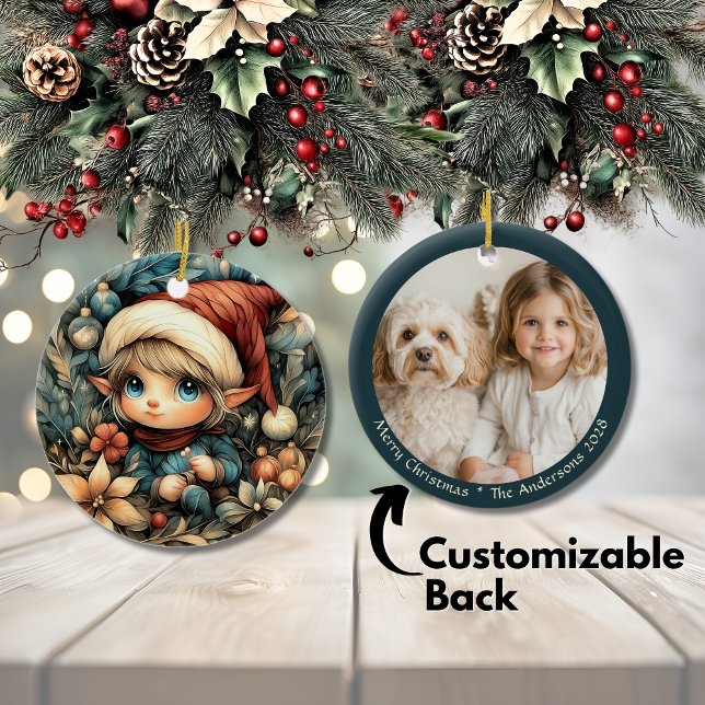 Adorable Christmas Elf Customisable Ceramic Tree Decoration (Adorable Christmas Elf Customizable Ceramic Ornament)