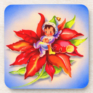 adorable Christmas elf in a poinsettia Coaster