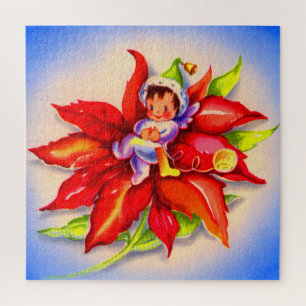 adorable Christmas elf in a poinsettia Jigsaw Puzzle