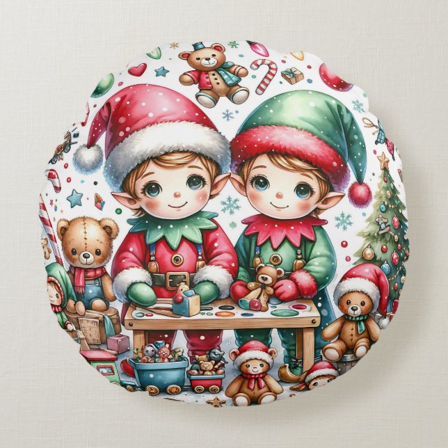 Adorable Christmas Elves in their Toy Shop Round Cushion (Front)