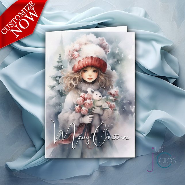 Adorable Christmas Fairy with Teddy Bear Card (Customizable Text )