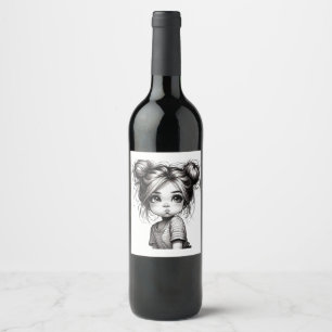 Adorable Christmas Girl with Pout - Cute Gift Idea Wine Label
