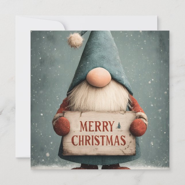 Adorable Christmas Gnome holding "Merry Christmas" Holiday Card (Front)