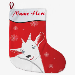 Adorable Christmas Goat Red YOUR NAME HERE Large Christmas Stocking
