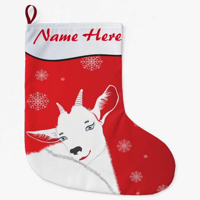 Adorable  Christmas Goat Red YOUR NAME HERE Large Christmas Stocking (Front)