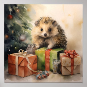 Adorable Christmas hedgehog holiday print