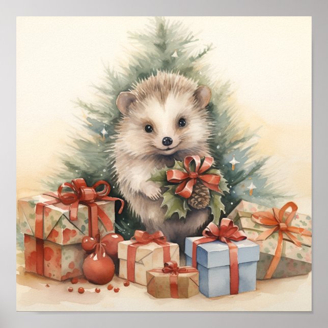 Adorable Christmas hedgehog holiday print (Front)