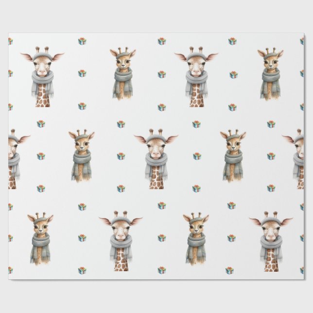 Adorable Christmas Holiday Giraffes on White Wrapping Paper (Flat)