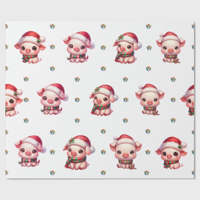 Adorable Christmas Holiday Kawaii Pigs on White II Wrapping Paper (Flat)