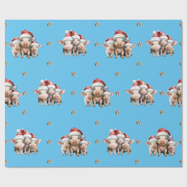 Adorable Christmas Holiday Piggies on Blue Wrapping Paper (Flat)