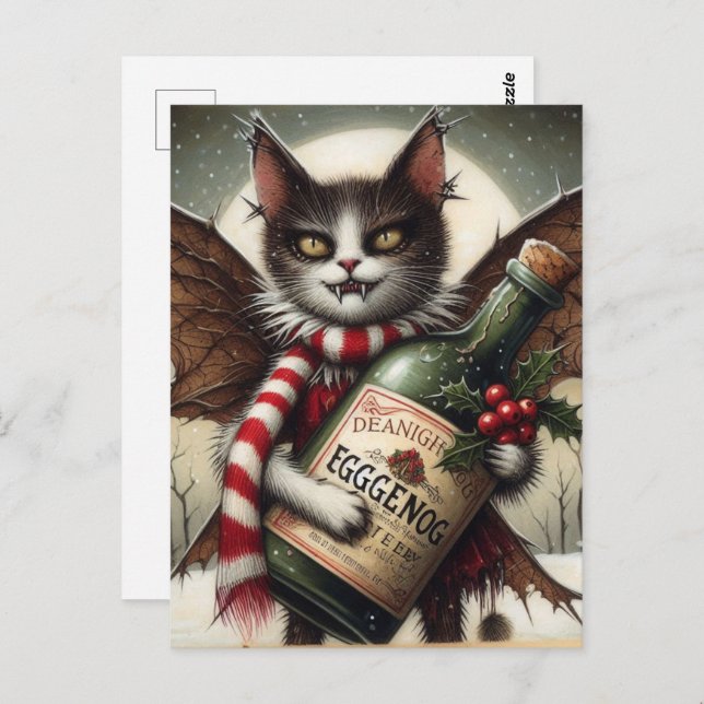 Adorable Christmas Horror Kitty Fairy With Eggnog Postcard (Front/Back)