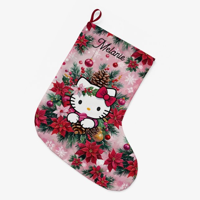 Adorable Christmas Kawaii Kitty In Pink Large Christmas Stocking (Front (Hanging))