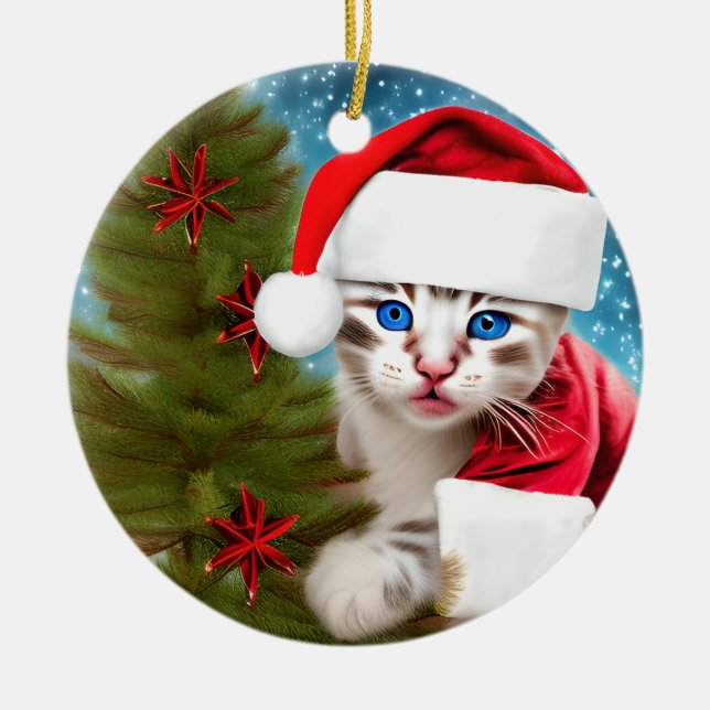 Adorable Christmas Kitten Ceramic Tree Decoration (Front)