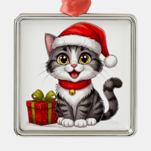 Adorable Christmas Kitten With Santa Hat Metal Tree Decoration