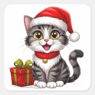 Adorable Christmas Kitten With Santa Hat Square Sticker