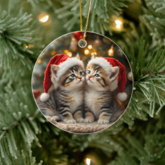 Adorable Christmas kitten with Santa hats  Ceramic Tree Decoration