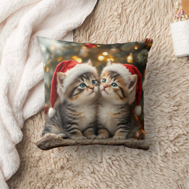 Adorable Christmas kitten with Santa hats  Cushion (Blanket)