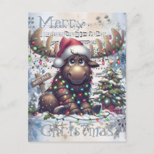 Adorable Christmas Moose Winter Christmas Holiday Postcard