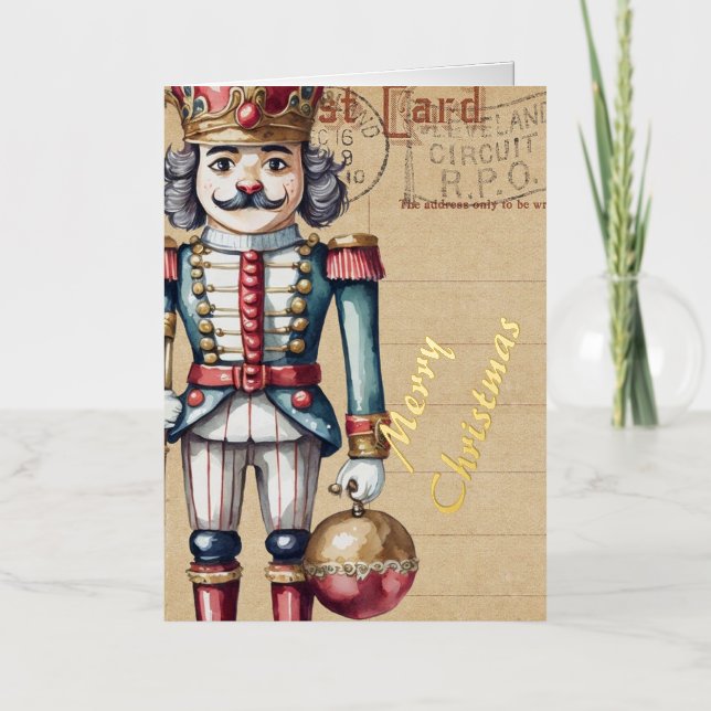 Adorable Christmas Nutcraker Vintage Foil Greeting Card (Front)