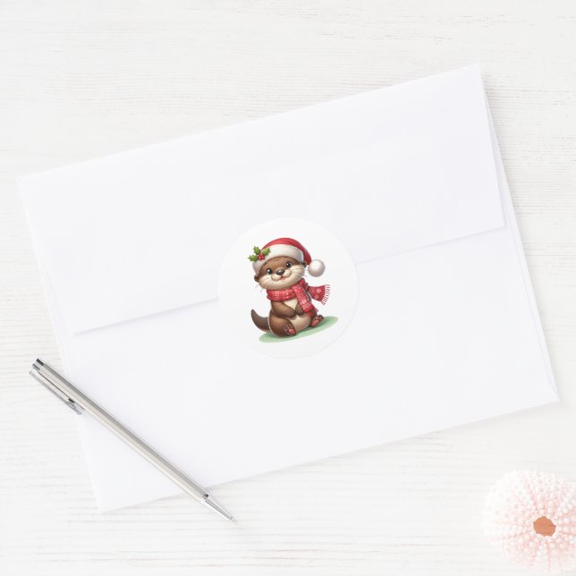 Adorable Christmas Otter  Classic Round Sticker (Envelope)