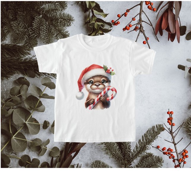 Adorable Christmas Otter in Santa Hat With Candy   T-Shirt (Creator Uploaded)
