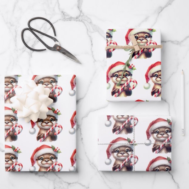 Adorable Christmas Otter in Santa Hat With Candy   Wrapping Paper Sheet (Front)