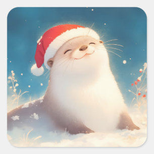Adorable Christmas Otter Sticker with Santa Hat