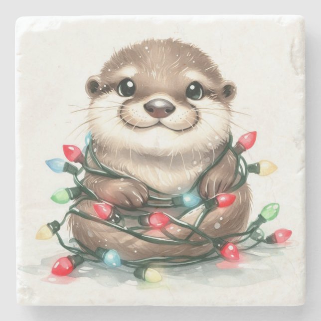 Adorable Christmas Otter Stone Coaster (Front)