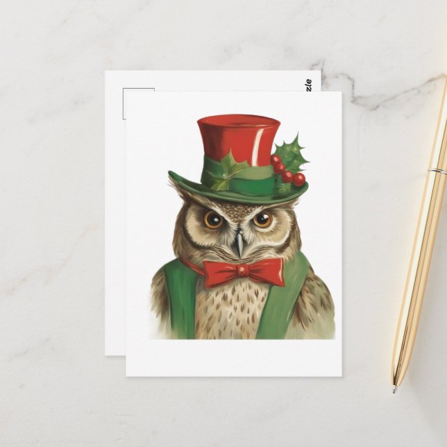 Adorable Christmas Owl Postcard (Front/Back In Situ)