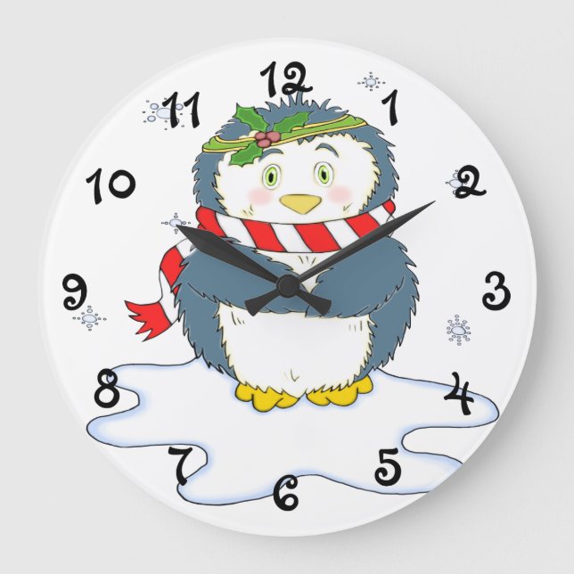 Adorable Christmas Penguin Large Clock (Front)