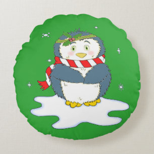 Adorable Christmas Penguin Round Cushion