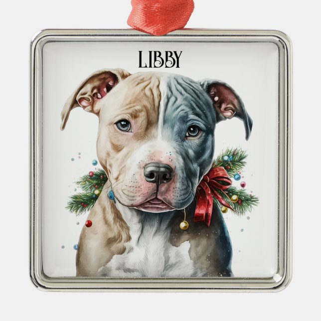 ADORABLE CHRISTMAS PIT BULL TERRIER DOG FACE METAL TREE DECORATION (Front)
