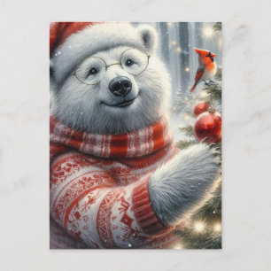 Adorable Christmas Polar Bear and Cardinal Bird Postcard