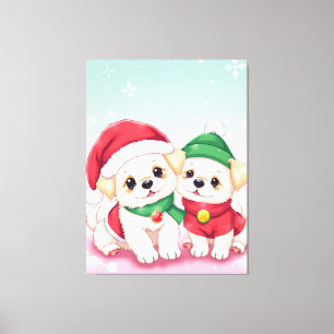 Adorable Christmas Puppies in Festive Hats Art Canvas Print