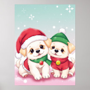 Adorable Christmas Puppies in Festive Hats Art Poster