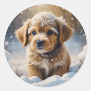 Adorable Christmas Puppy on a Snowy Night Classic Round Sticker