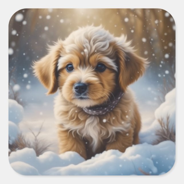 Adorable Christmas Puppy on a Snowy Night Square Sticker (Front)