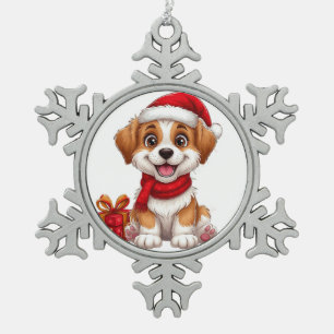 Adorable Christmas puppy With Santa Hat Snowflake Pewter Christmas Ornament