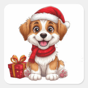 Adorable Christmas puppy With Santa Hat Square Sticker