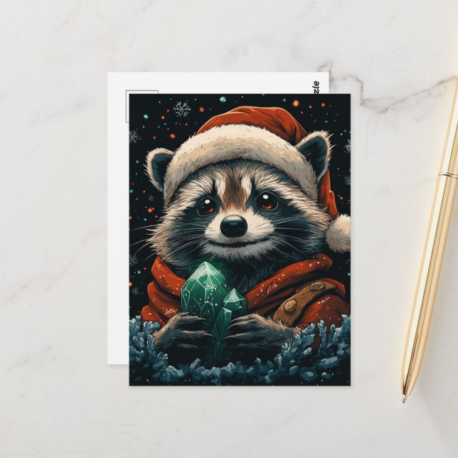 Adorable Christmas Racoon Postcard (Front/Back In Situ)