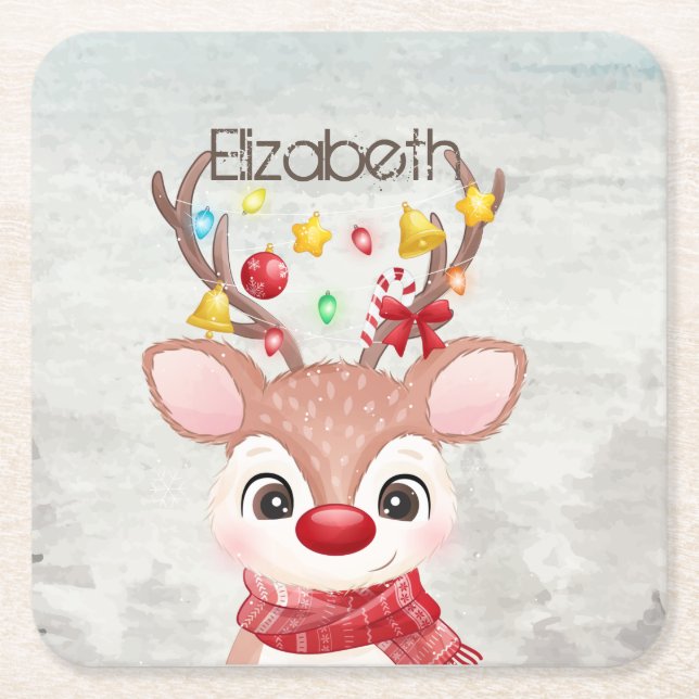Adorable Christmas Reindeer  Square Paper Coaster (Front)