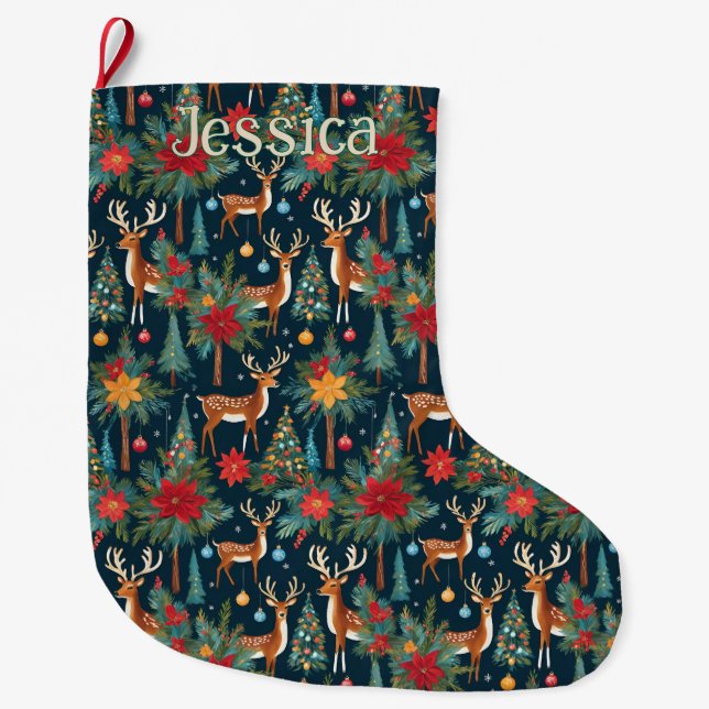 Adorable Christmas Reindeer With Antlers Large Christmas Stocking (Front)