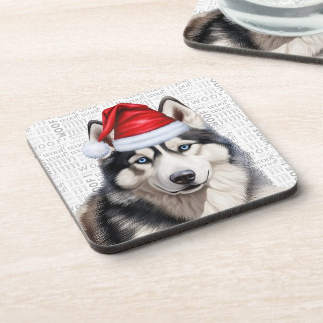 Adorable Christmas Siberian Husky Woof Word Art Coaster (Left Side)